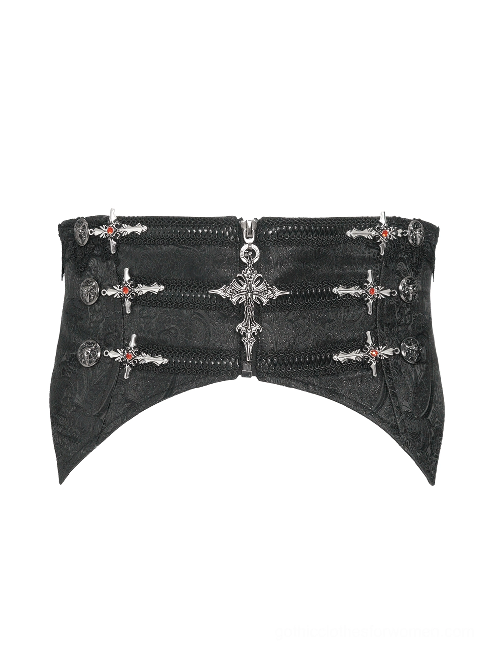 Male model wearing black brocade gothic corset belt with formal gothic outfit and metal hardware detail