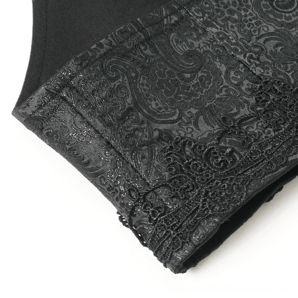 Full view flat lay of black brocade gothic corset belt with all cross ornaments visible