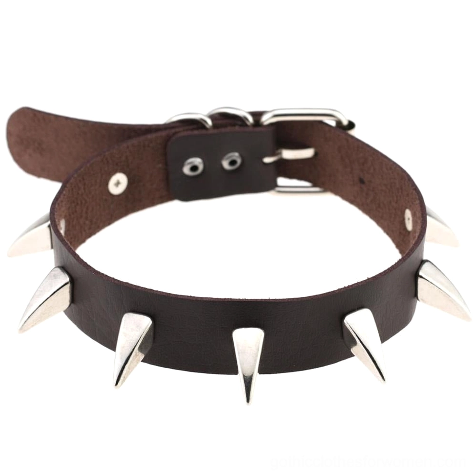 Two spiked leather gothic chokers in black and brown with silver spike studs and metal buckle fasteners