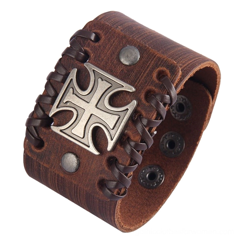 Black and brown wide leather cuff bracelets with Celtic cross - complete product range in gothic style