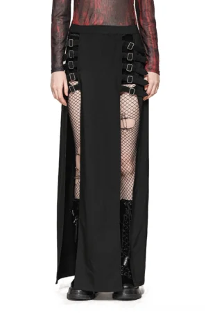 Black gothic maxi skirt with thigh cutouts and silver buckle straps, front full-length view on female model