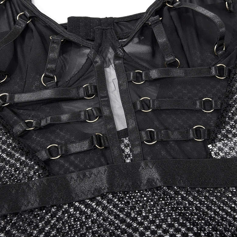 Black lace fishnet bodysuit with buckle straps, elegant lingerie collection showcase