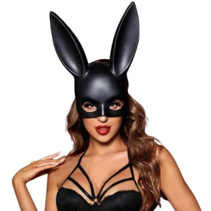 Black gothic bunny masquerade mask half-face design with elongated rabbit ears on model, frontal view against white background