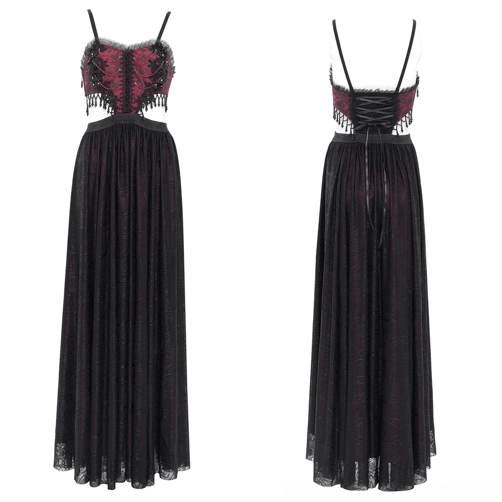 Gothic rose corset dress product display front view with sweetheart neckline and burgundy floral jacquard
