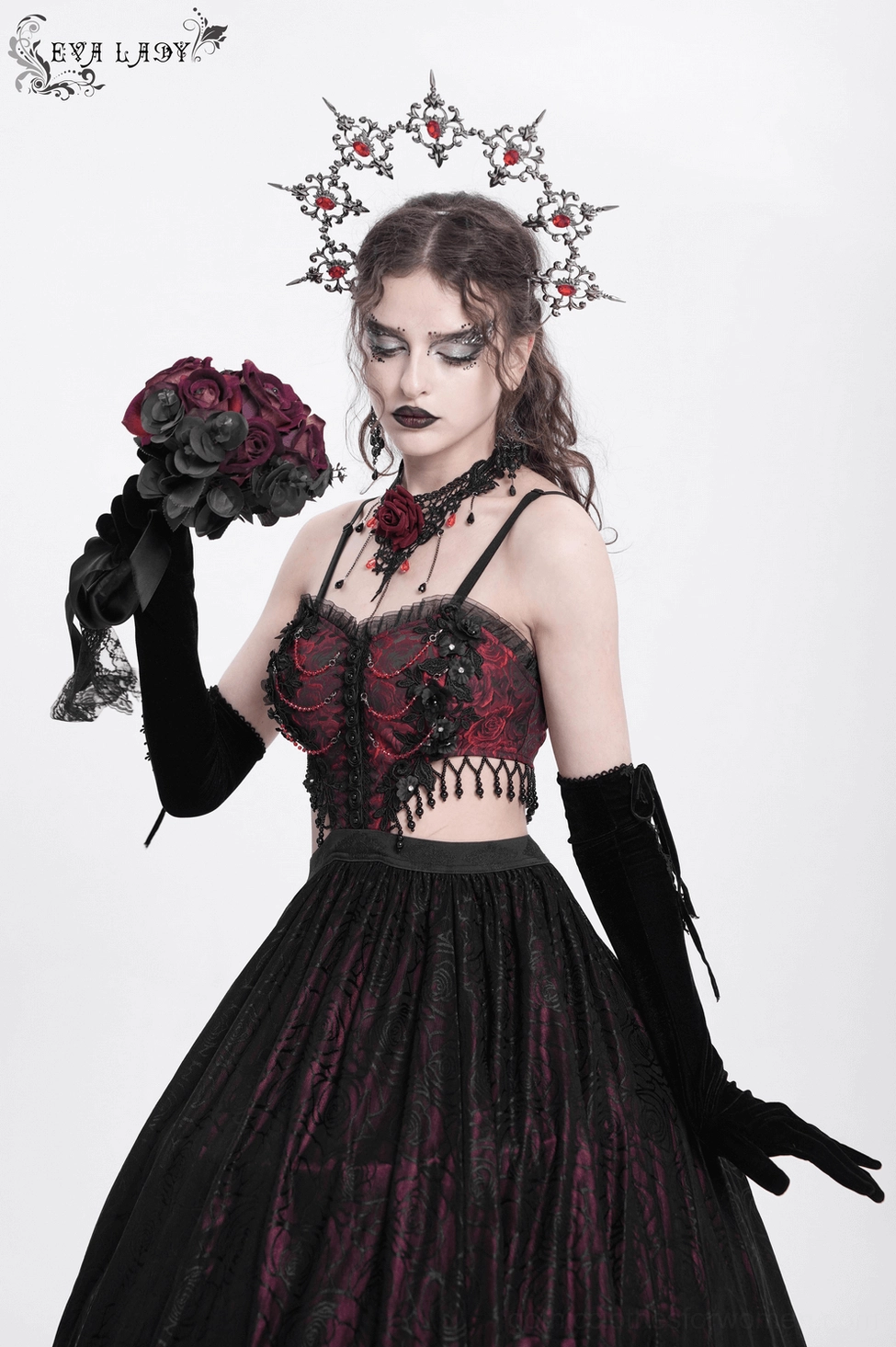 Black burgundy gothic corset dress showing structured bodice and adjustable fit with lace details