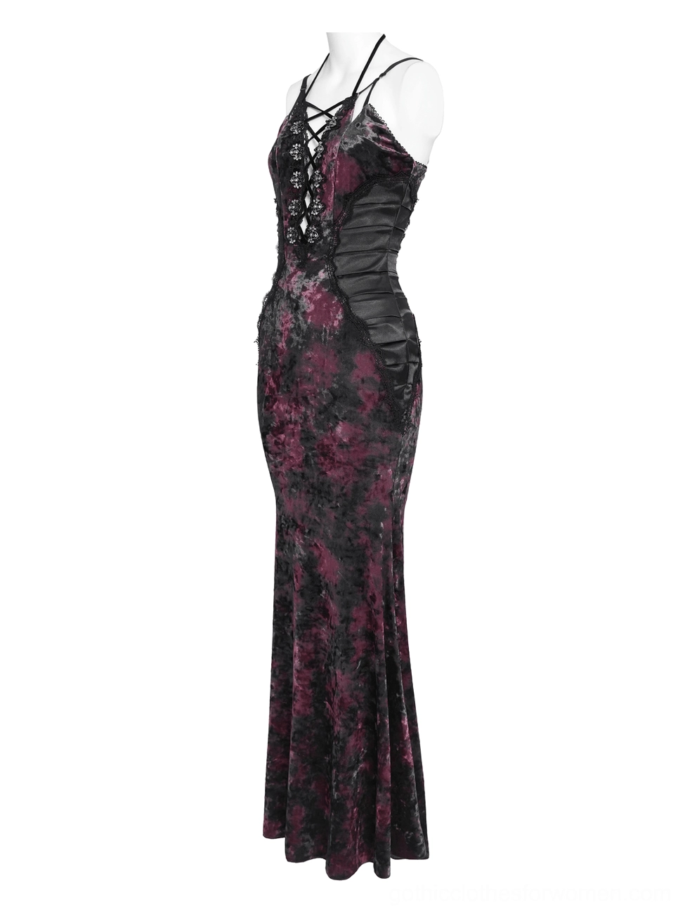 Front view of burgundy black tie-dye gothic mermaid dress on mannequin with lace-up halter neckline and mesh side panels