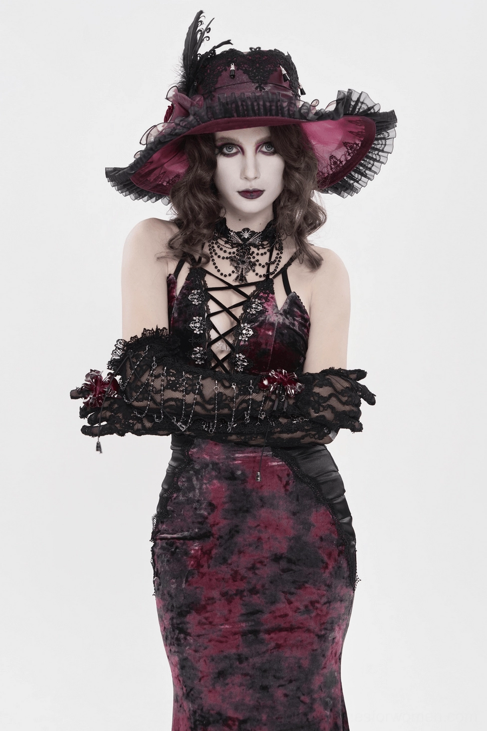 Full-length view of black and burgundy tie-dye gothic mermaid maxi dress showing proportions and hem length on mannequin