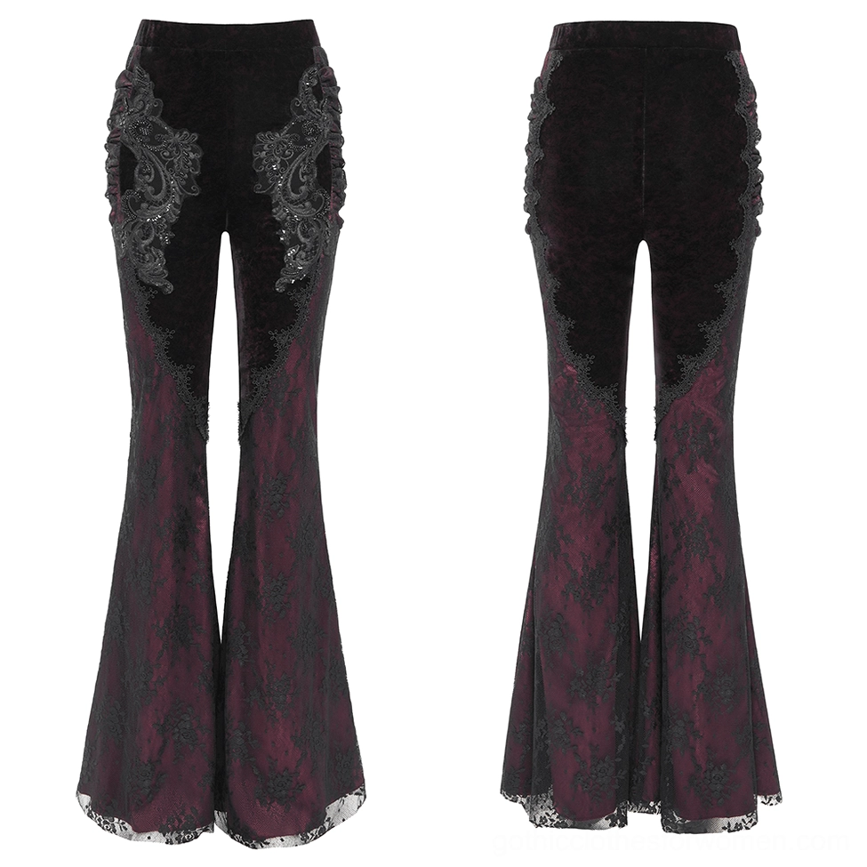 Flat lay front and rear view of black-burgundy two-tone gothic flare pants with embroidered lace appliqué and flared hem