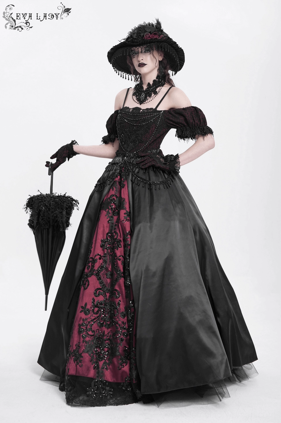 Complete styling view of black burgundy gothic Victorian evening gown for alternative fashion, theatrical events, and dark aesthetic celebrations