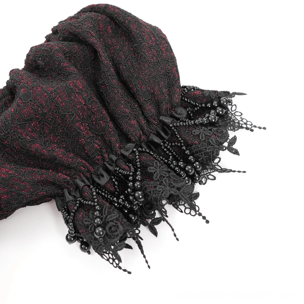 Alternative view of black burgundy Victorian gothic dress highlighting intricate lace-up front closure, beaded embellishment work, and romantic silhouette