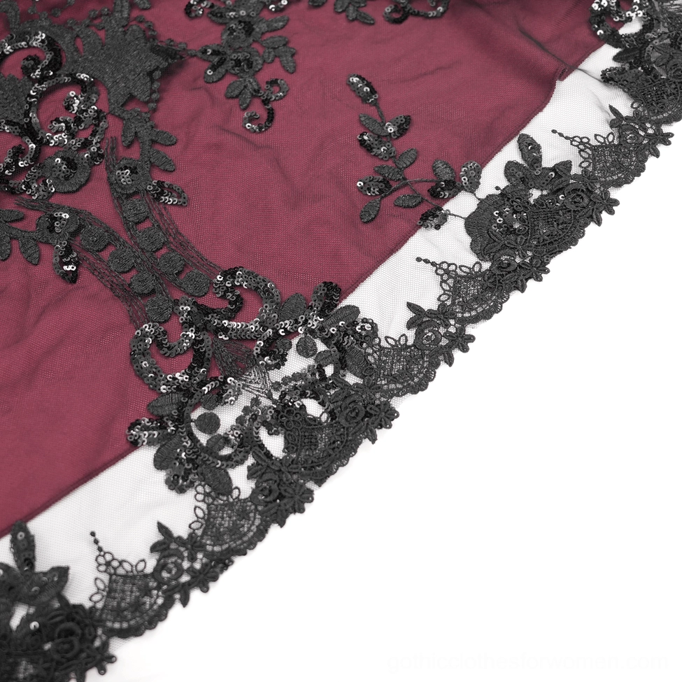 Full-length front view of black burgundy Victorian gothic gown showcasing structured silhouette, beaded details, and dramatic theatrical styling