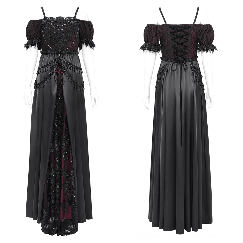Front mannequin display of black burgundy Victorian gothic gown showing off-shoulder straps, beaded burgundy lace panel, and ornate lace-up corset bust closure