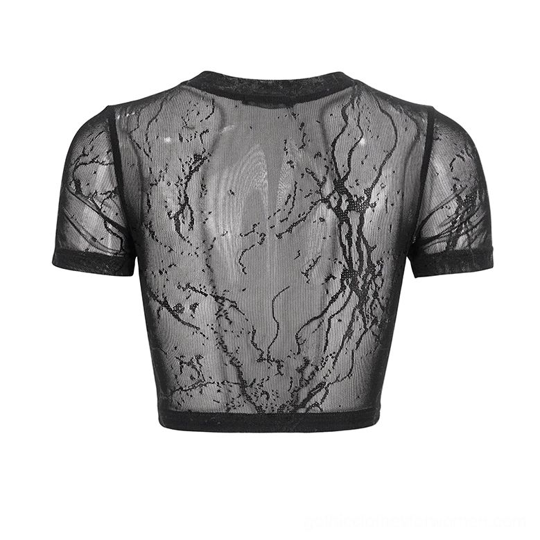 Black gothic crop top rear flat lay - sheer lace back panel with crew neckline and bound short sleeves