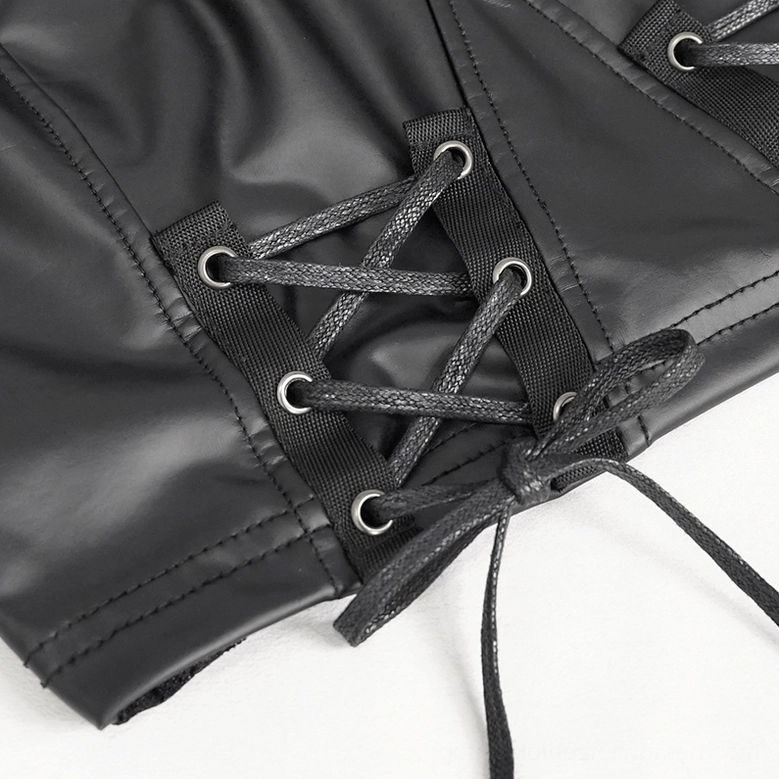 Black PU leather lace-up waist closure detail - metal eyelets with adjustable corset-style lace ties