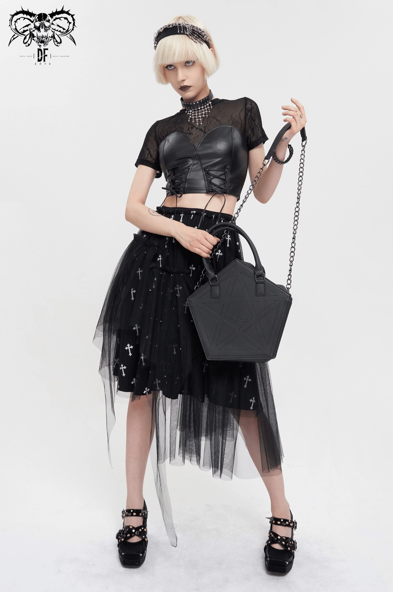 Black gothic crop top side view - PU leather and lace mesh construction showing slim-fit silhouette