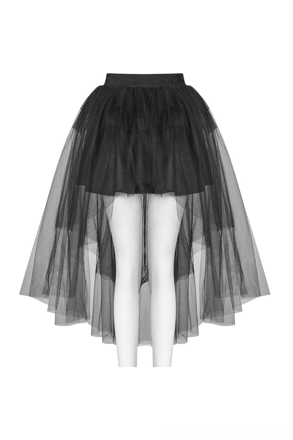 Black structured mesh bustle skirt on dress form with high-waisted cut and volume