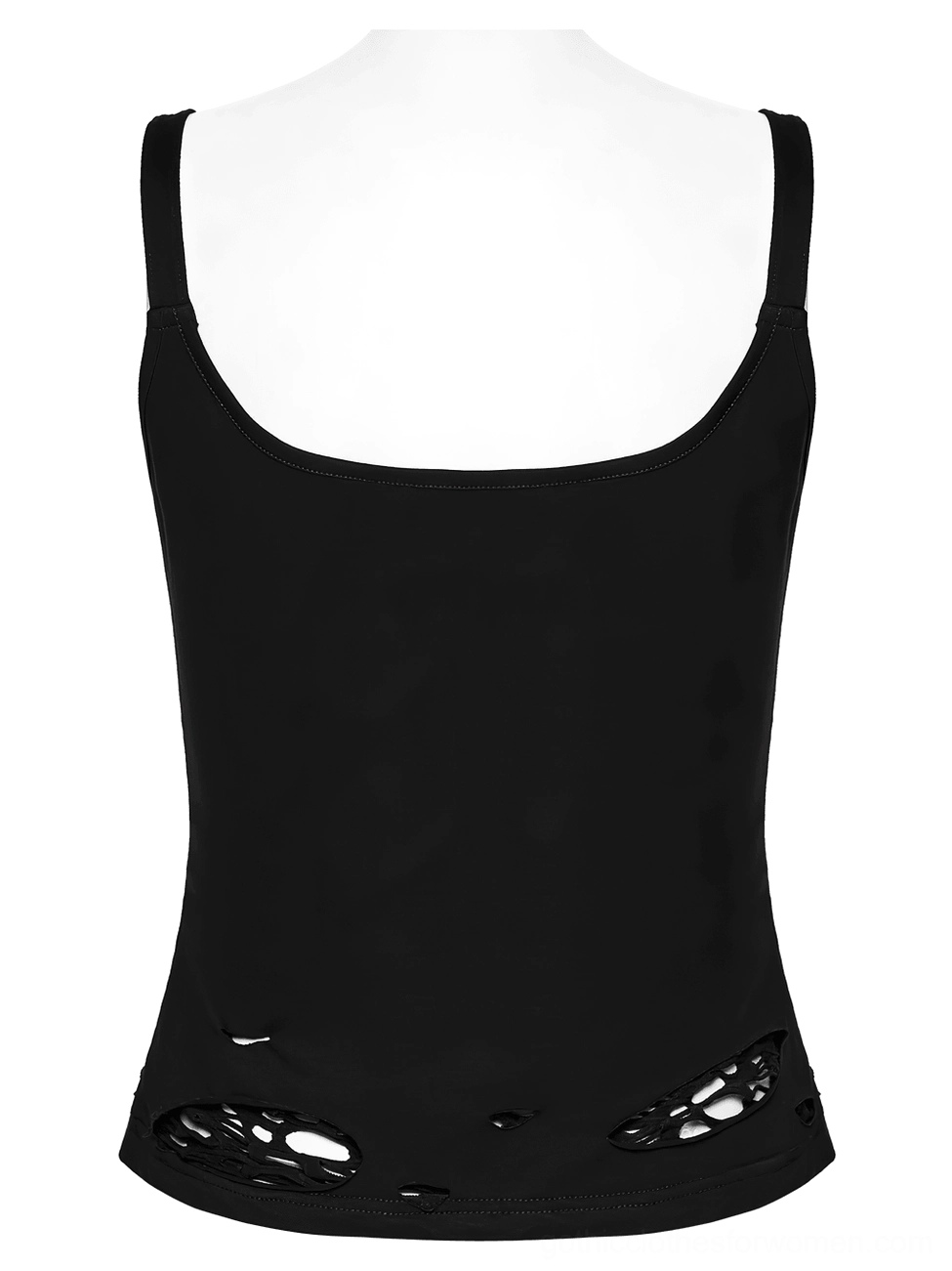 Black distressed gothic camisole back view on mannequin displaying lower hem cutouts and solid fabric