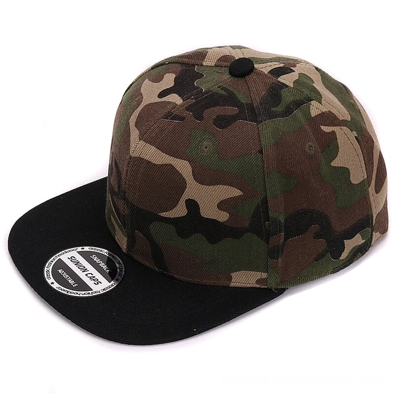 Black camo snapback baseball cap back oblique view with adjustable strap and brand tag detail