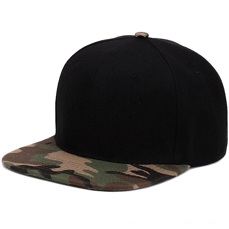 Black cap with camo printed visor two-tone snapback left side view architectural contrast design