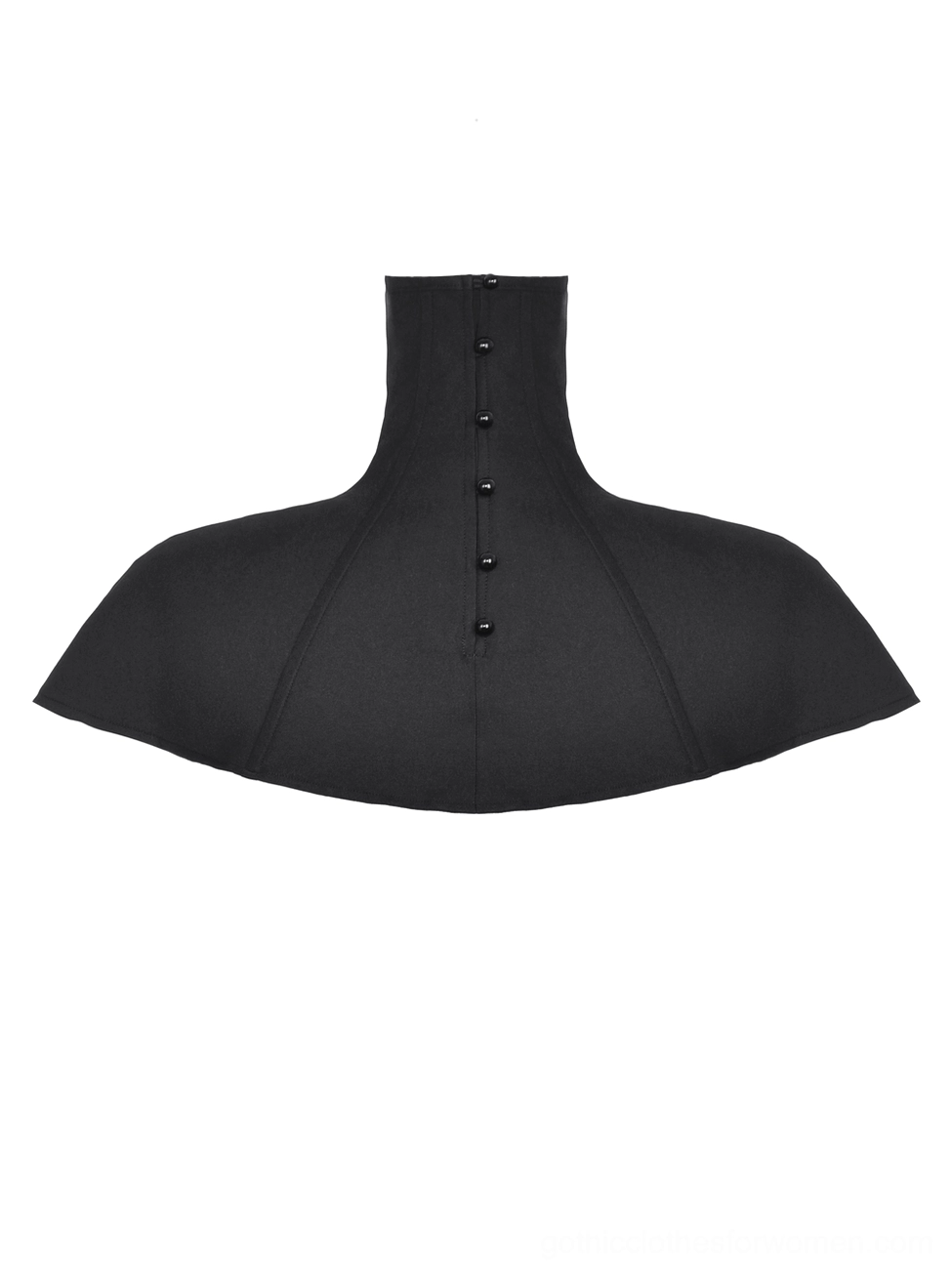 Gothic cape back flat lay perspective displaying vertical button fasteners and dense black fabric texture