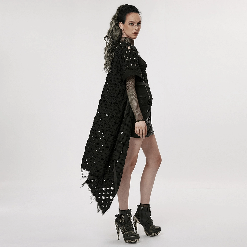 Black distressed long cape cardigan close-up showing skull rivet details and asymmetrical high-low hem