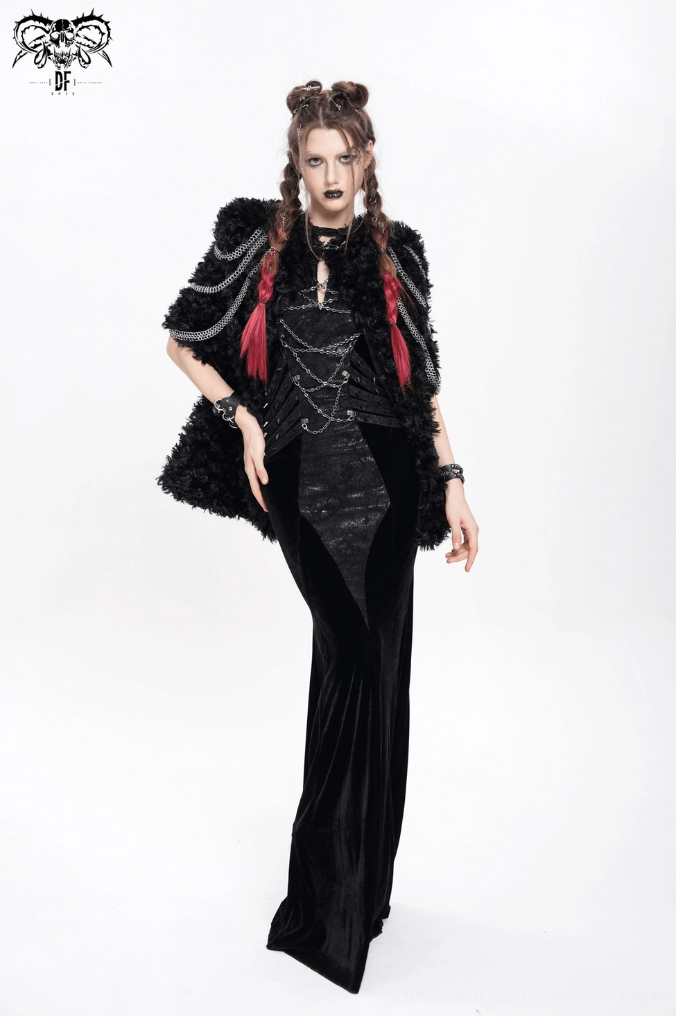 Black faux fur cape with hood and layered silver chains, alternative style
