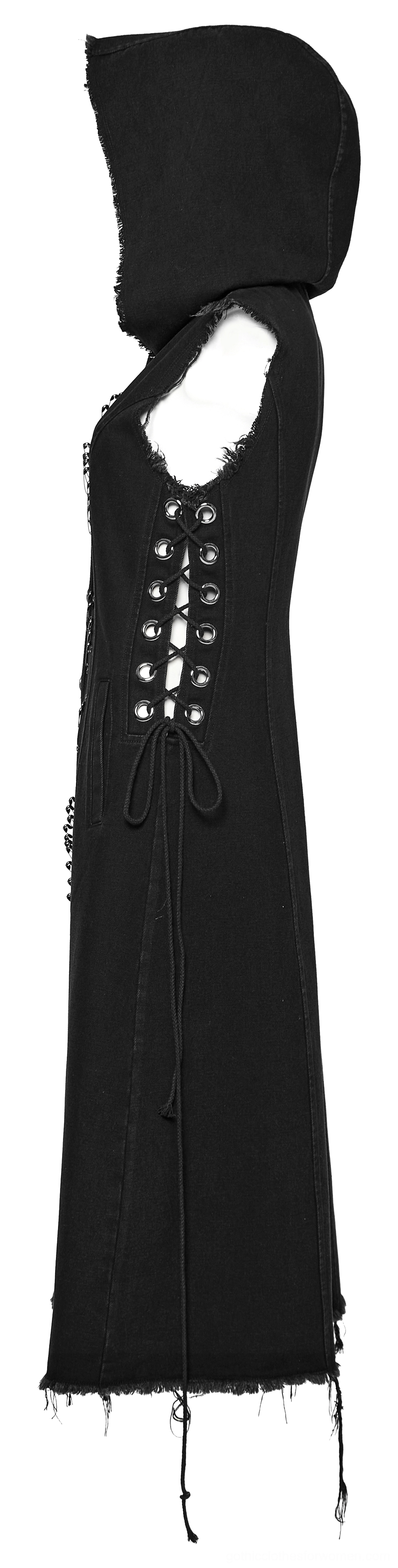 Black gothic denim cape left side mannequin view, corset-style lace-up side detail, sleeveless hooded design