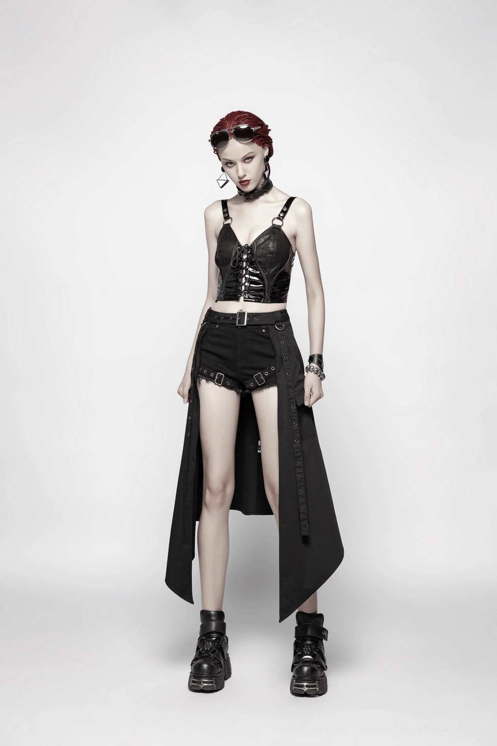Black asymmetrical cargo mini skirt front product display showing complete silhouette split front and punk gothic style
