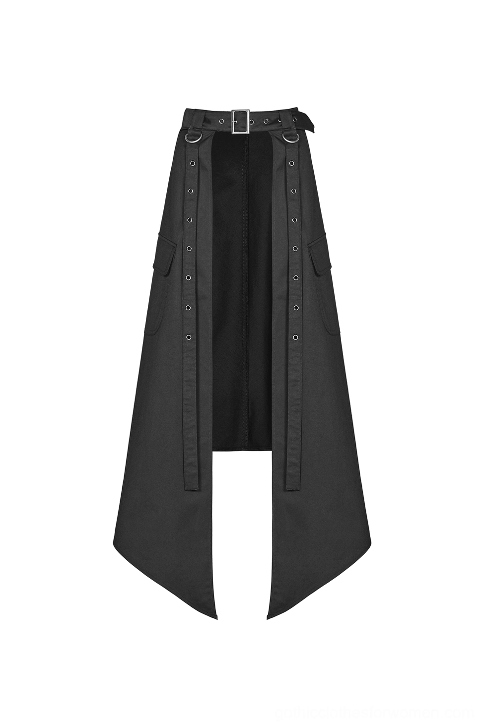 Complete front flat lay of black cargo mini skirt displaying split front with long side flaps and asymmetrical hemline design