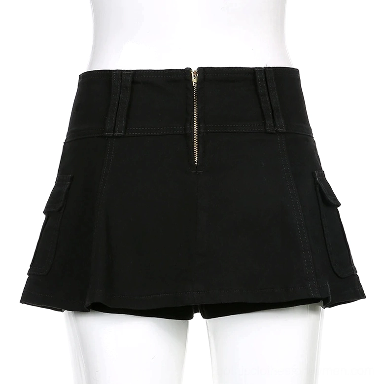 Black high-waist cargo mini skirt rear view on mannequin showing back zipper and clean construction