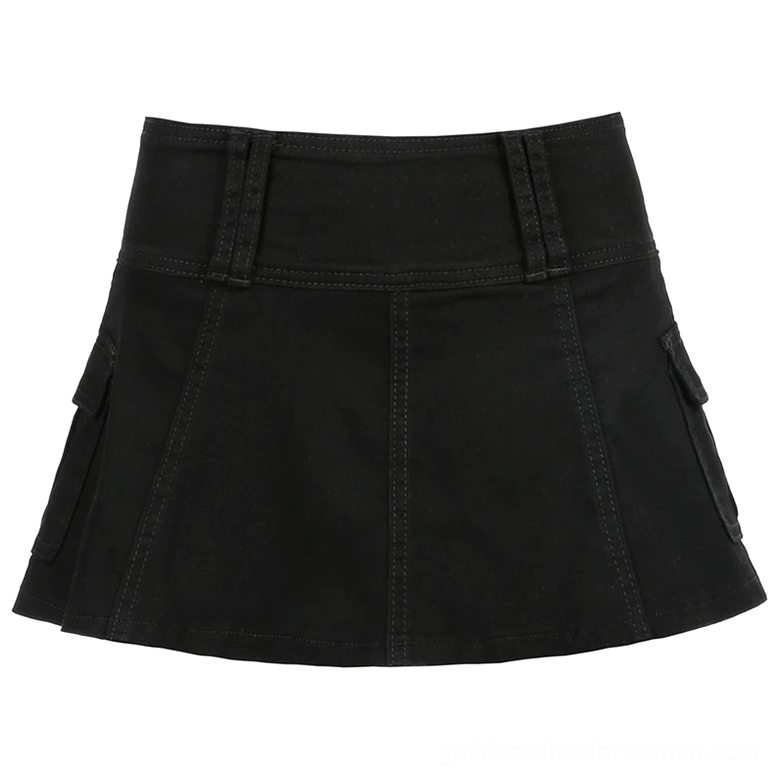 Black high-waist cargo mini skirt flat lay on mannequin showing side cargo pockets and A-line silhouette
