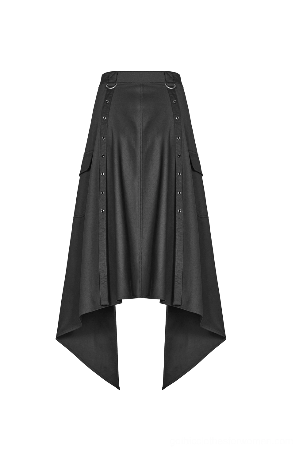 Compact front flat lay of black cargo skirt highlighting asymmetrical shape and metal grommets on structured woven fabric
