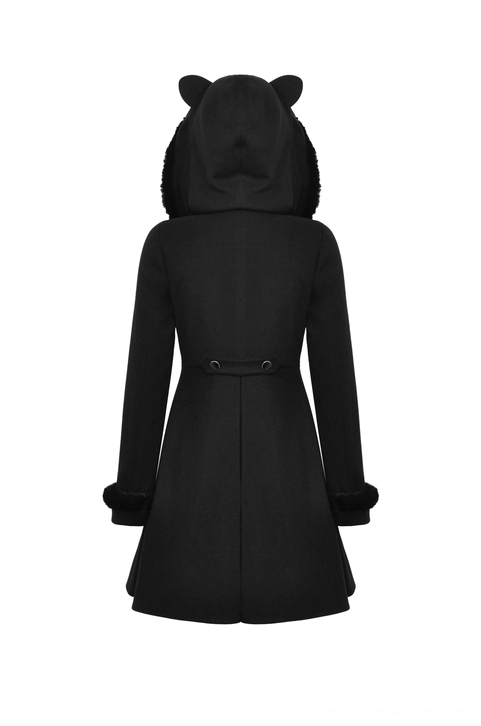 Black cat ear gothic coat back view on mannequin showing solid exterior