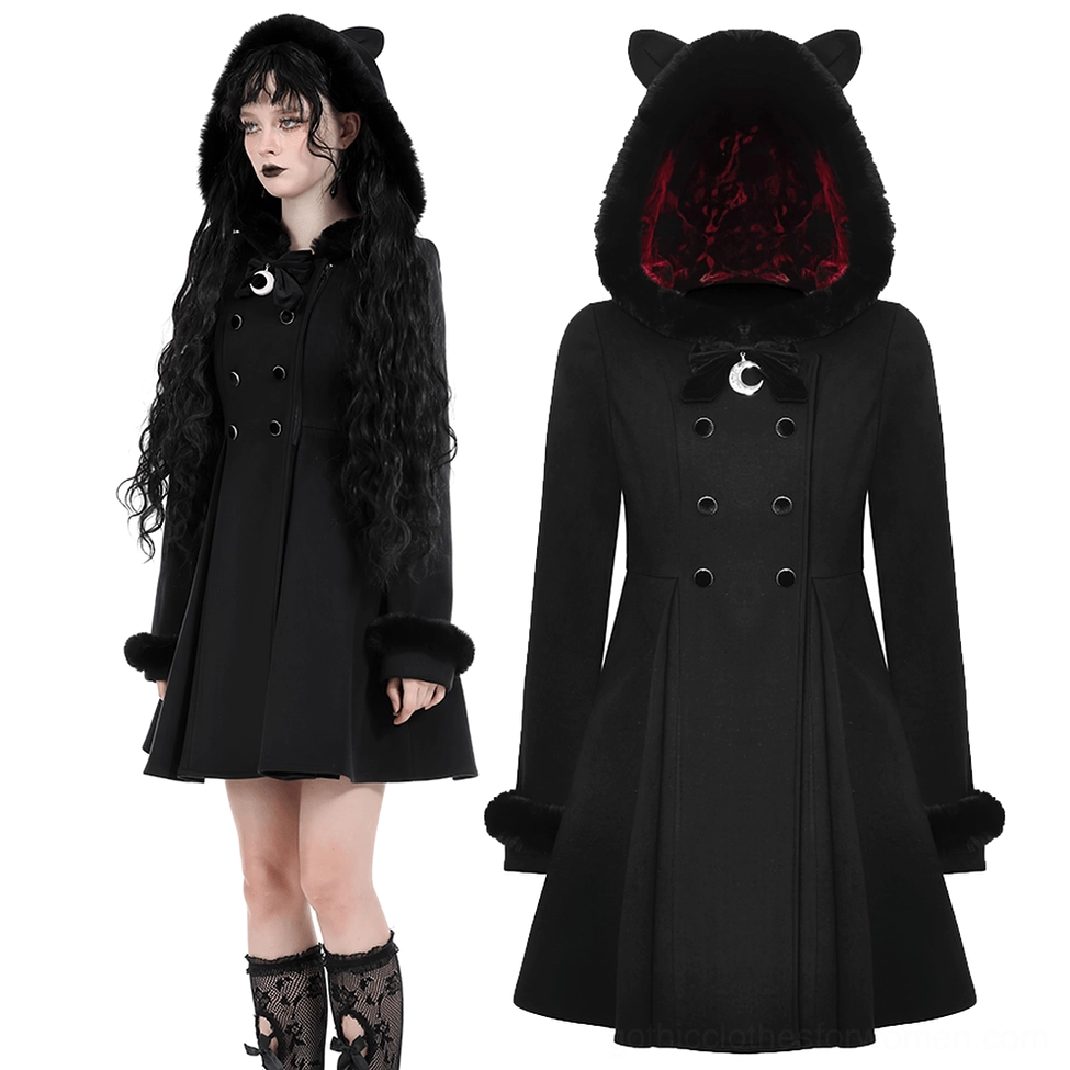 Black cat ear gothic coat three-quarter front view styled with lace socks and flared dress