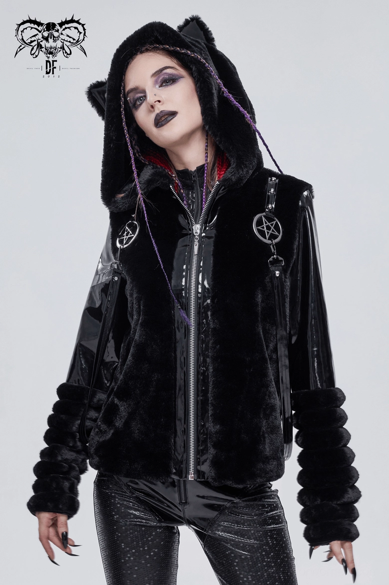 Black fuzzy cat ear gothic jacket with pentagram straps displayed on white background