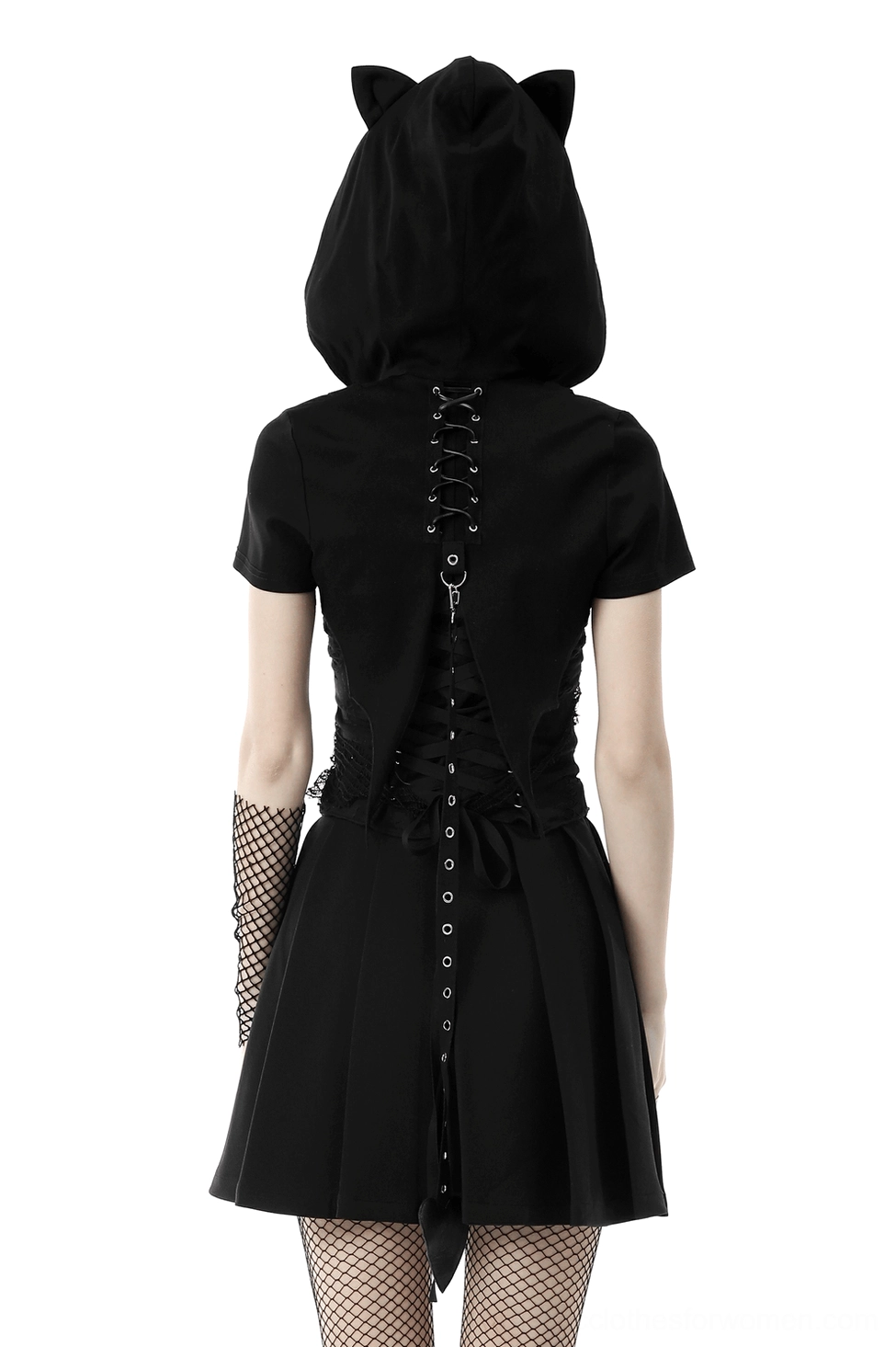 Alternative fashion crop top with cat ear hood - back view showing lace-up corset closure