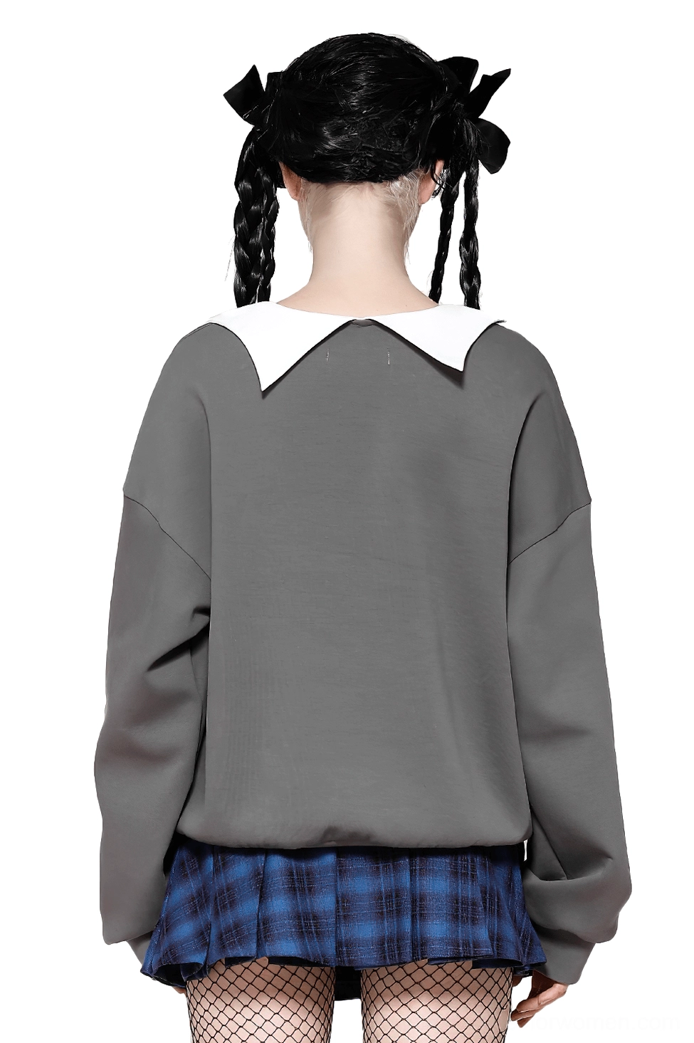 Black cat gothic sweatshirt back view showing ribbed hem and dark gray fabric