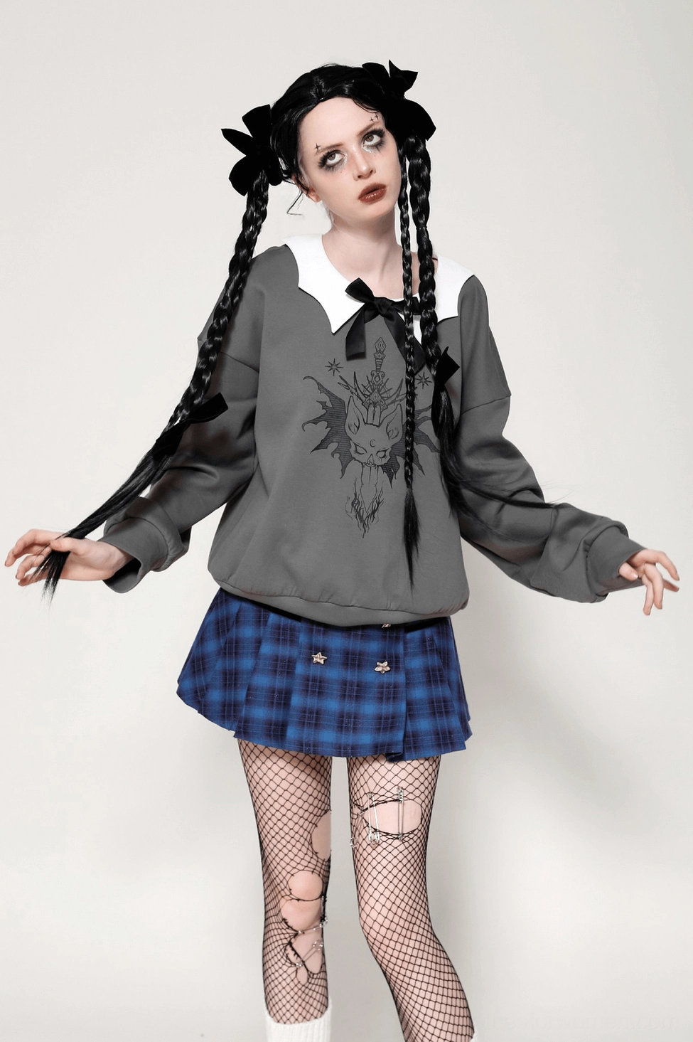 Black cat gothic sweatshirt model wearing for casual goth aesthetic inspiration