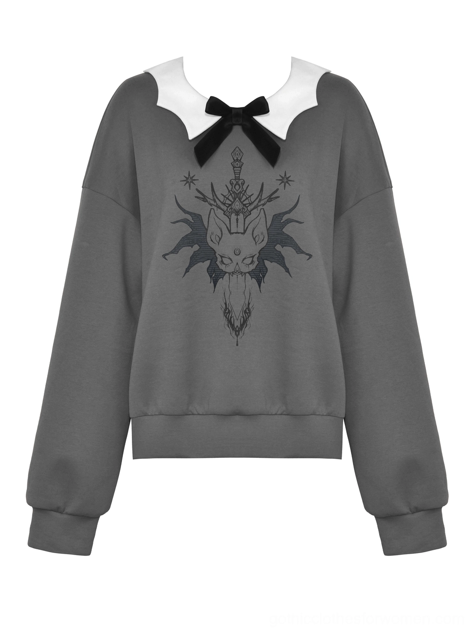 Black cat gothic sweatshirt flat lay front showing cat print and white collar detail