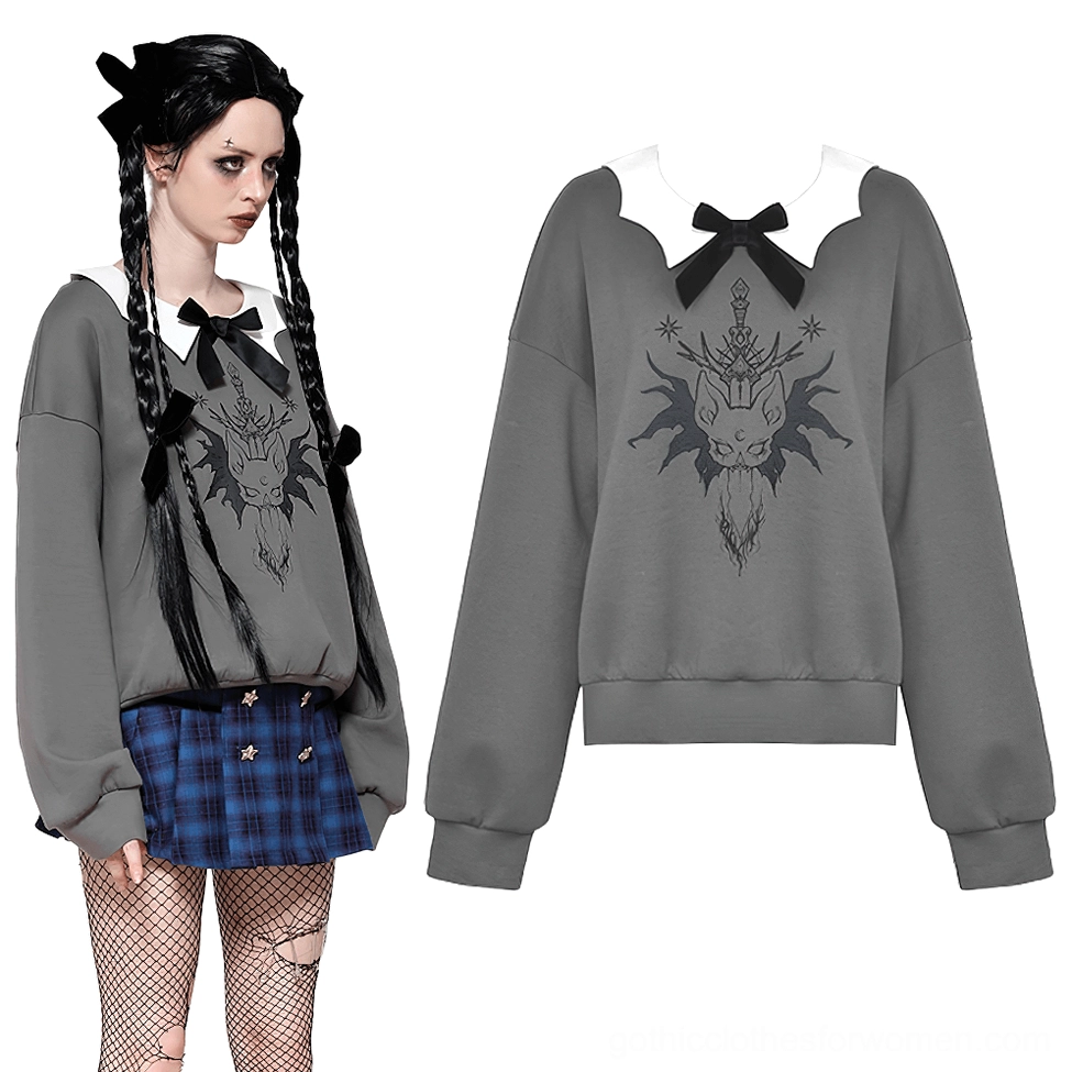 Black cat gothic sweatshirt side view with fishnet stockings and alternative styling