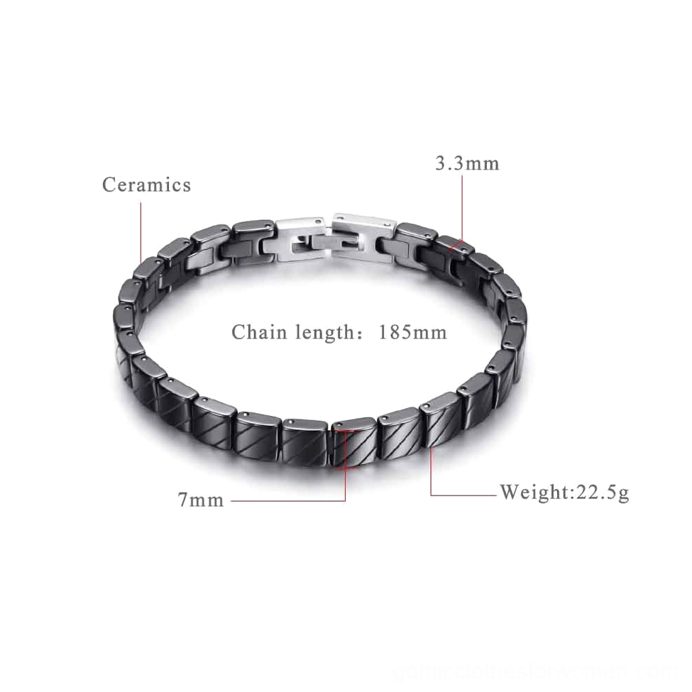 Black ceramic bracelet with detailed specification markers showing dimensions and weight