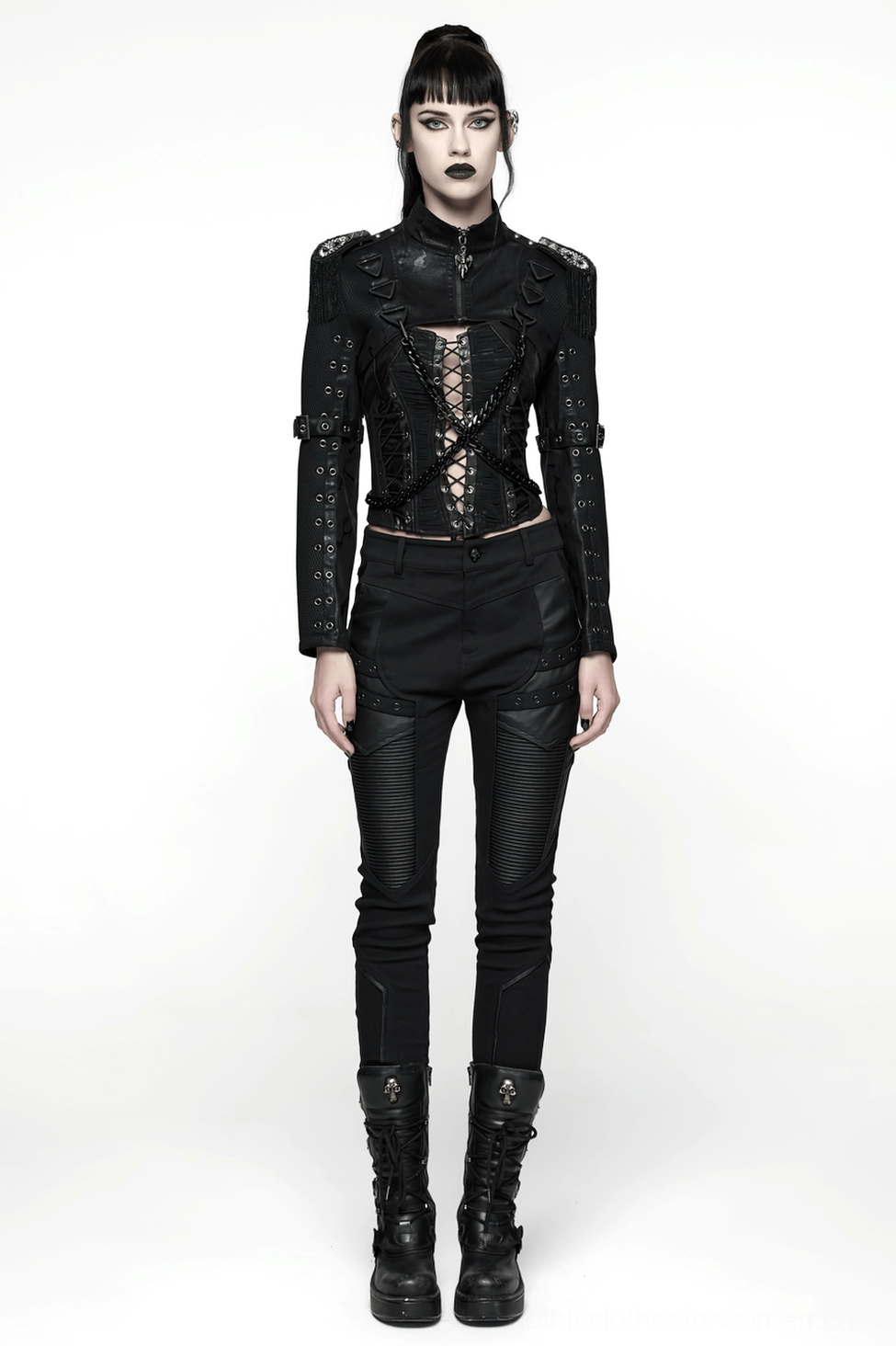 Black chain cropped jacket complete ensemble showing lace-up construction and shoulder metal hardware details