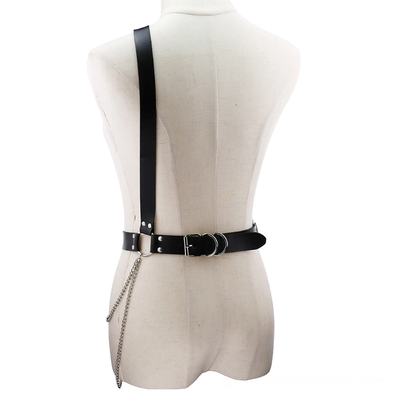 Black gothic harness back view showing adjustable straps and single side hanging chain