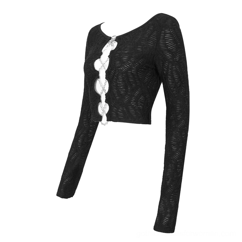 Gothic crop top three-quarter flat lay view showing chain lace-up details, cropped hem, and long fitted sleeves