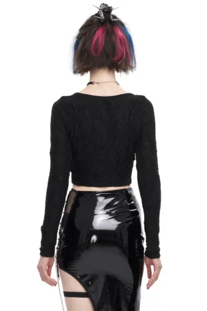 Gothic crop top rear view on model, showing solid back design with textured knit and fitted sleeves