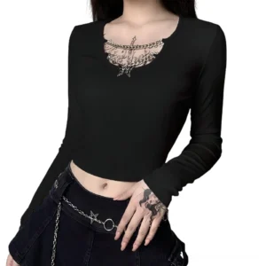 Black long sleeve gothic crop top with chain pentagram cutout neckline and bodycon fit on model, front view