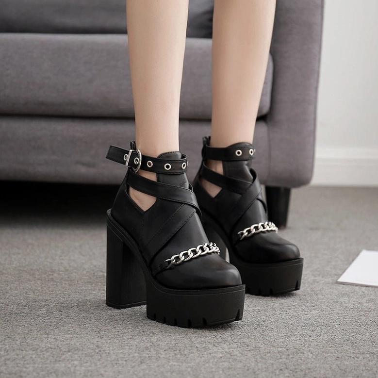 Gothic platform boots with chain detail display angles showcasing design versatility and construction quality
