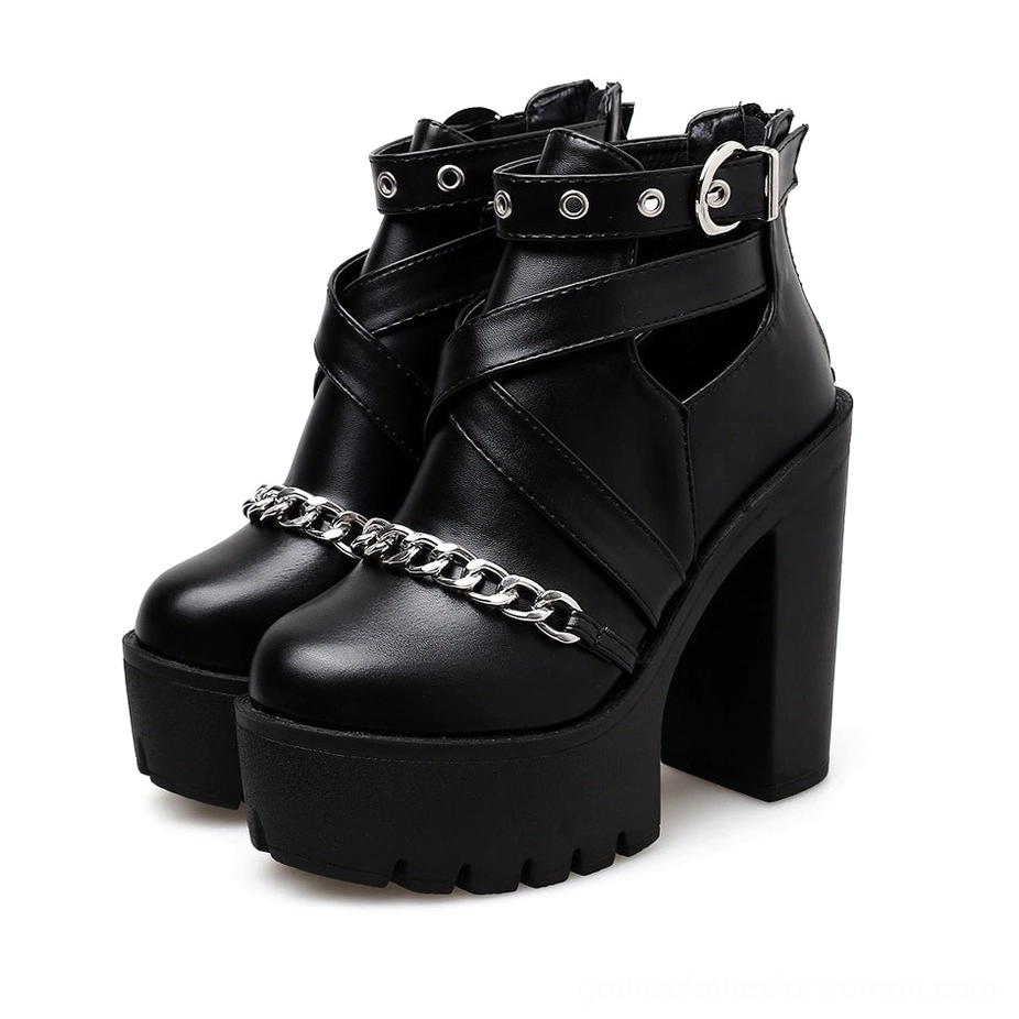 Black chain platform ankle boots for women front view showcase dual shoes with silver-tone vamp chain detail and round toe design