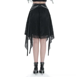 Black asymmetrical gothic skirt back view on model, displaying irregular mesh hem and elastic waistband with chain decoration