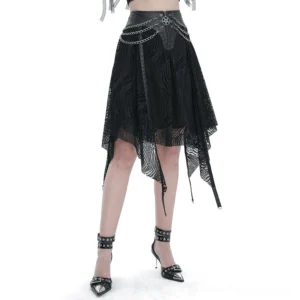 Black asymmetrical chain waist gothic skirt front three-quarter view on model, showing irregular mesh handkerchief hem and metal chain hardware